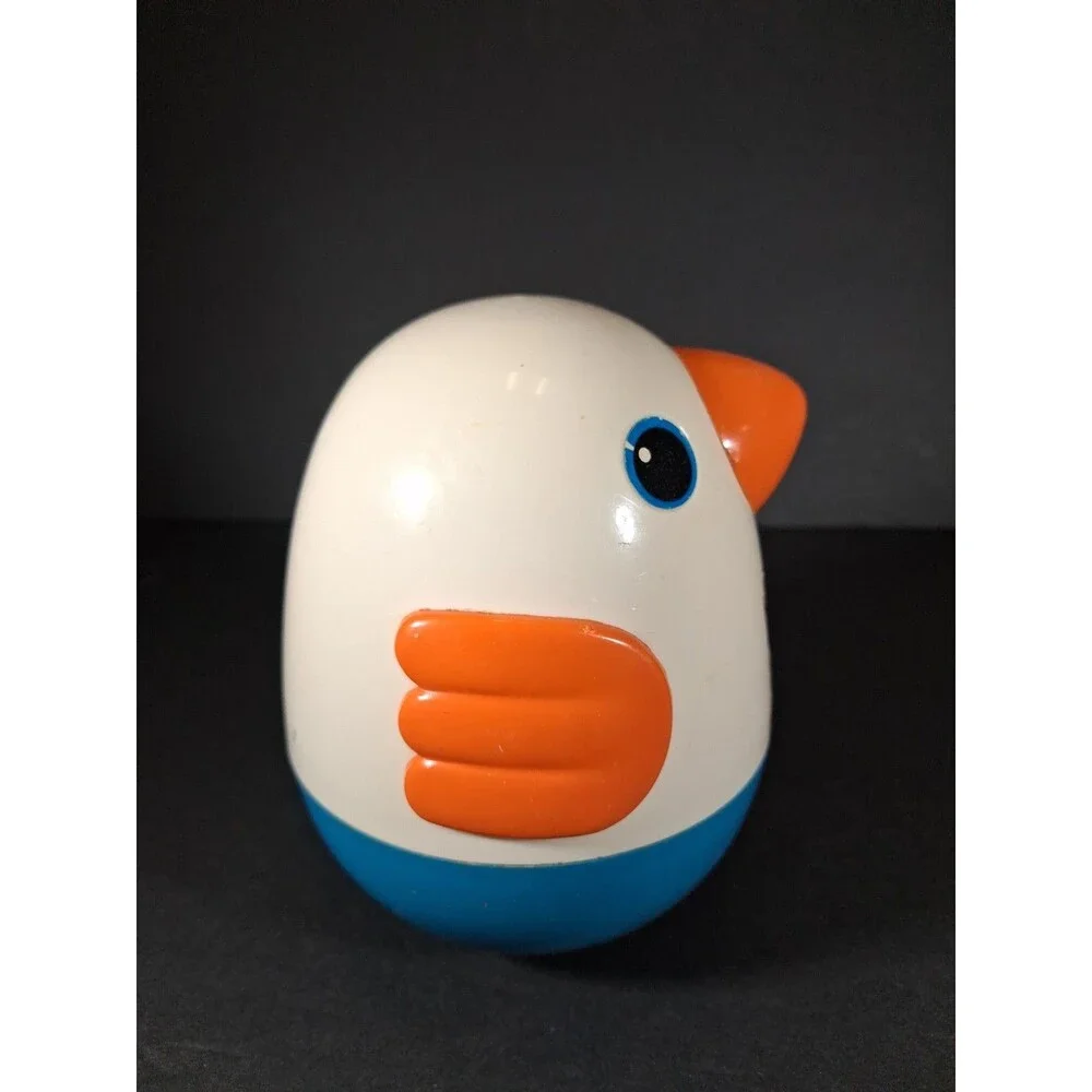 Vintage Playskool Roly Poly Chime Bird Toy Blue White Orange Bowtie Wobble
